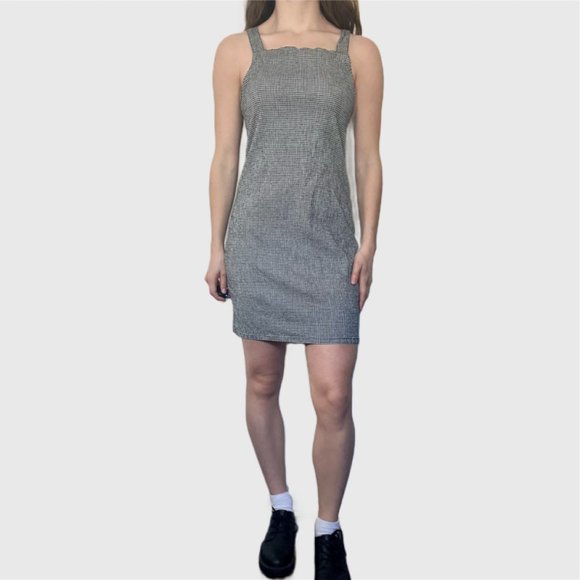 Vintage 90s Black Dress, 1990s Black White Checkered Mini Dress - Picture 4 of 8